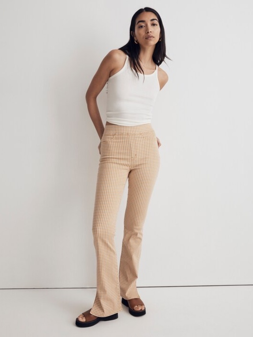NEW Madewell Pull-On Skinny Flare Jeans in Mini Check Plaid Autumn Gold Yellow - Picture 2 of 14